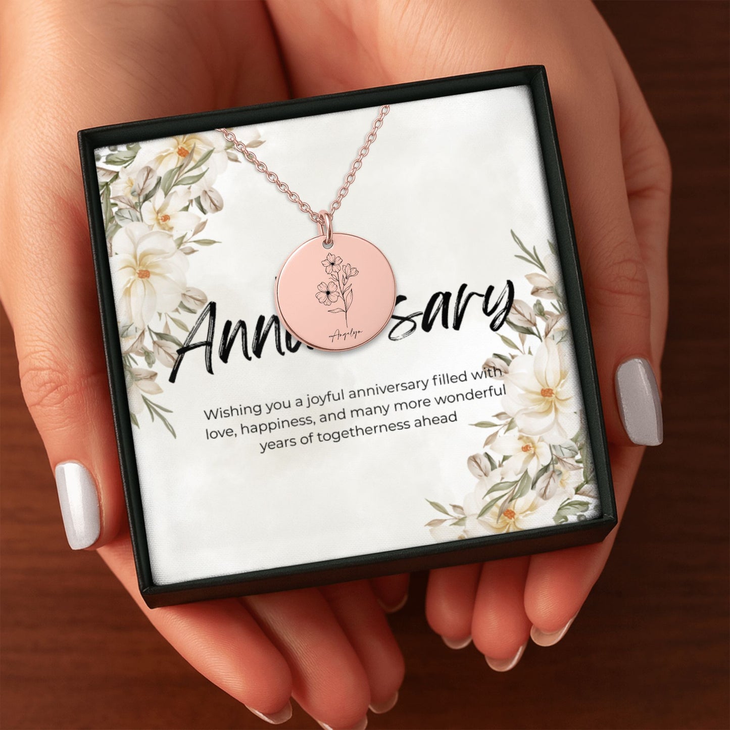 Name & Birth Flower Coin Necklace Gift with Custom Message Card