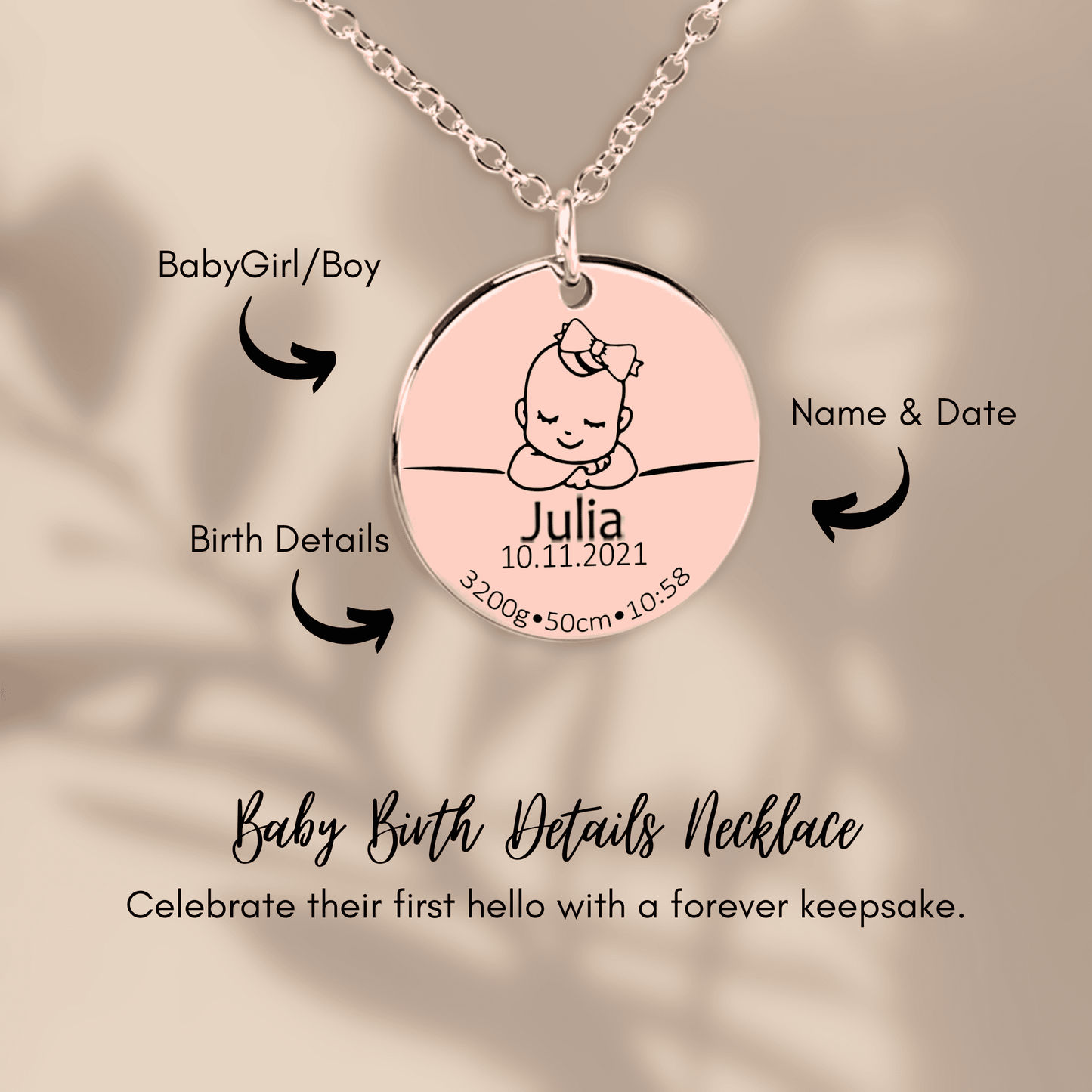 Baby Birth Details Necklace Gift with Custom Message Card