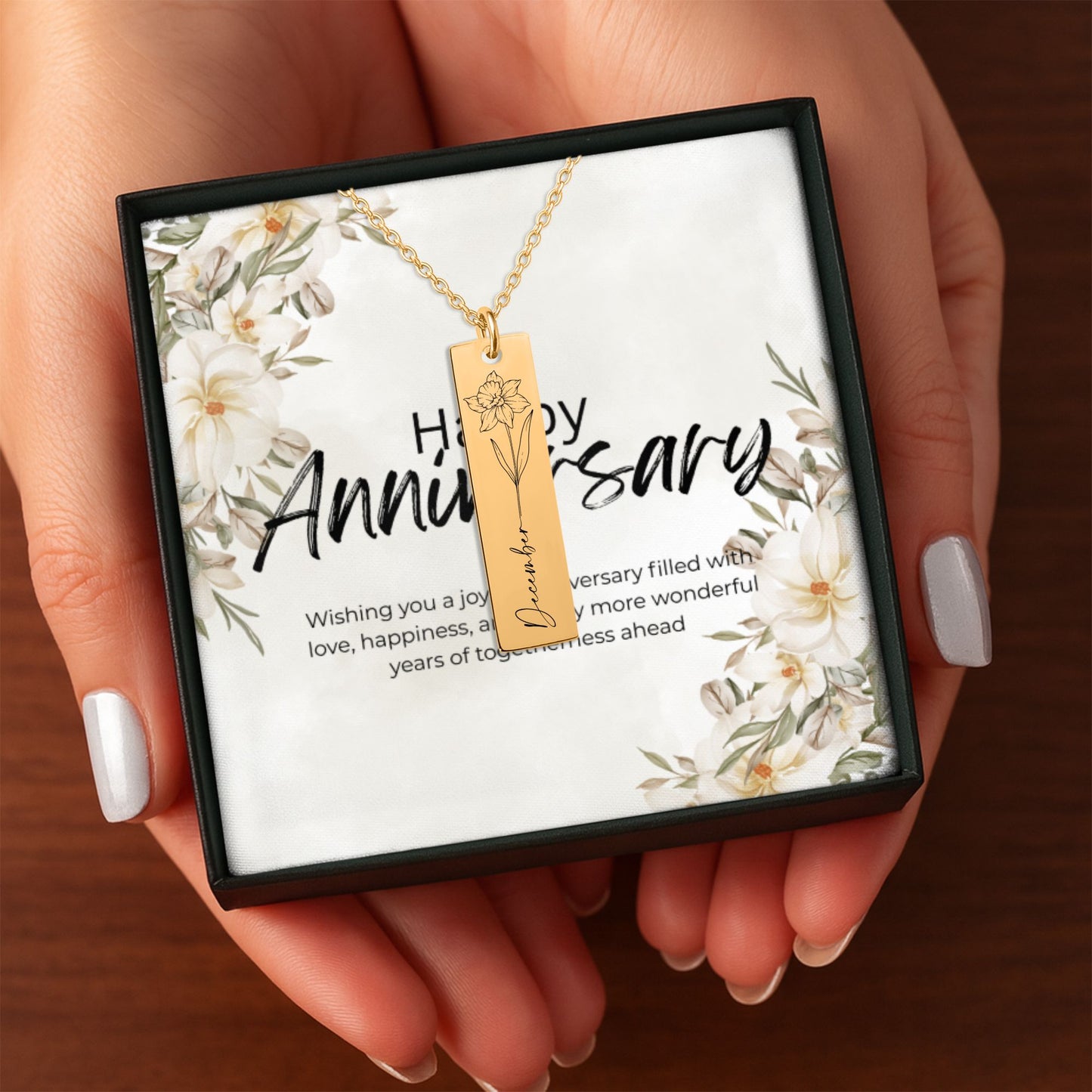 Month Flower Vertical Bar Necklace Gift with Custom Message Card  +