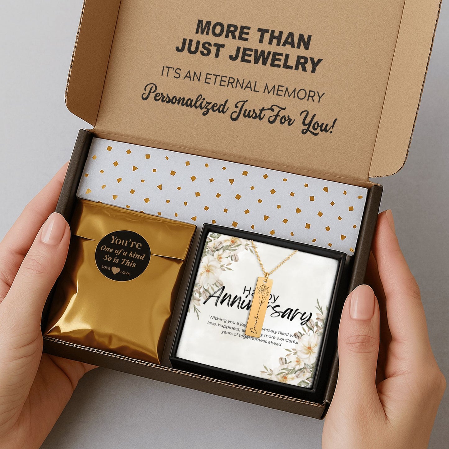 Month Flower Vertical Bar Necklace Gift with Custom Message Card  +