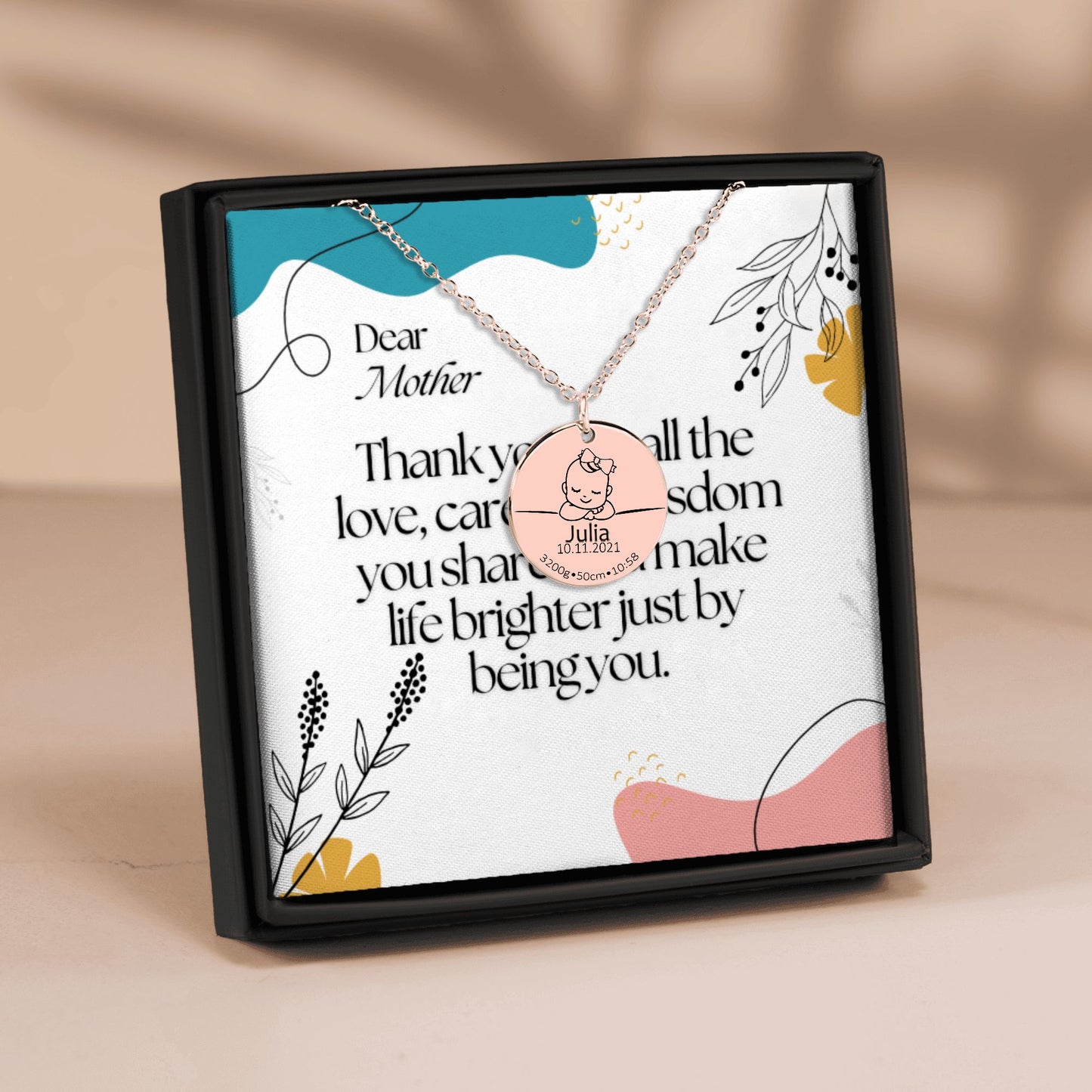 Baby Birth Details Necklace Gift with Custom Message Card