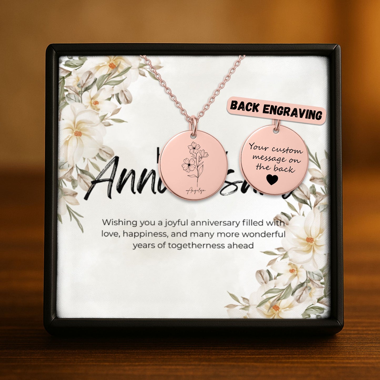Name & Birth Flower Coin Necklace Gift with Custom Message Card