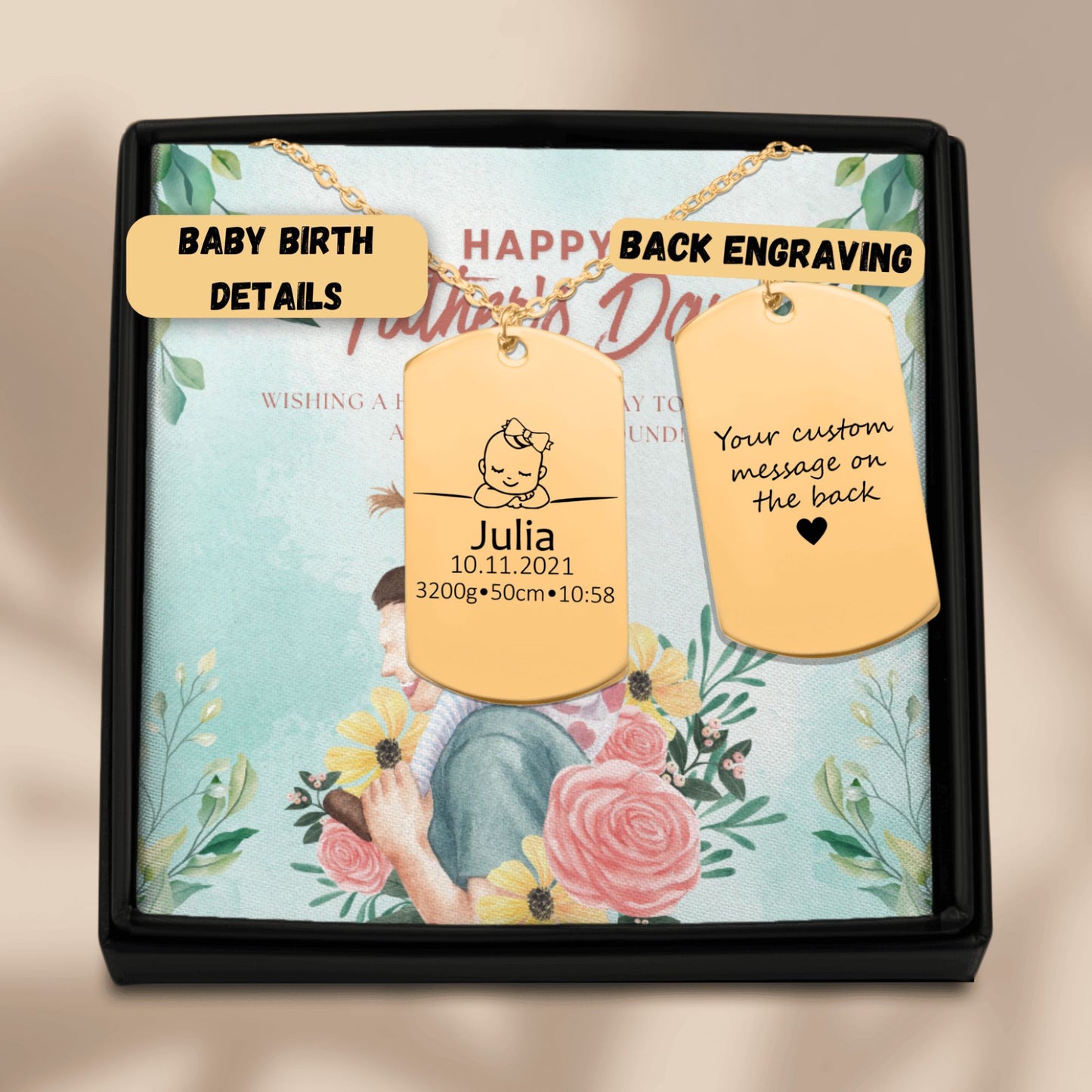 Birth Details Tag Gift with Custom Message Card  +