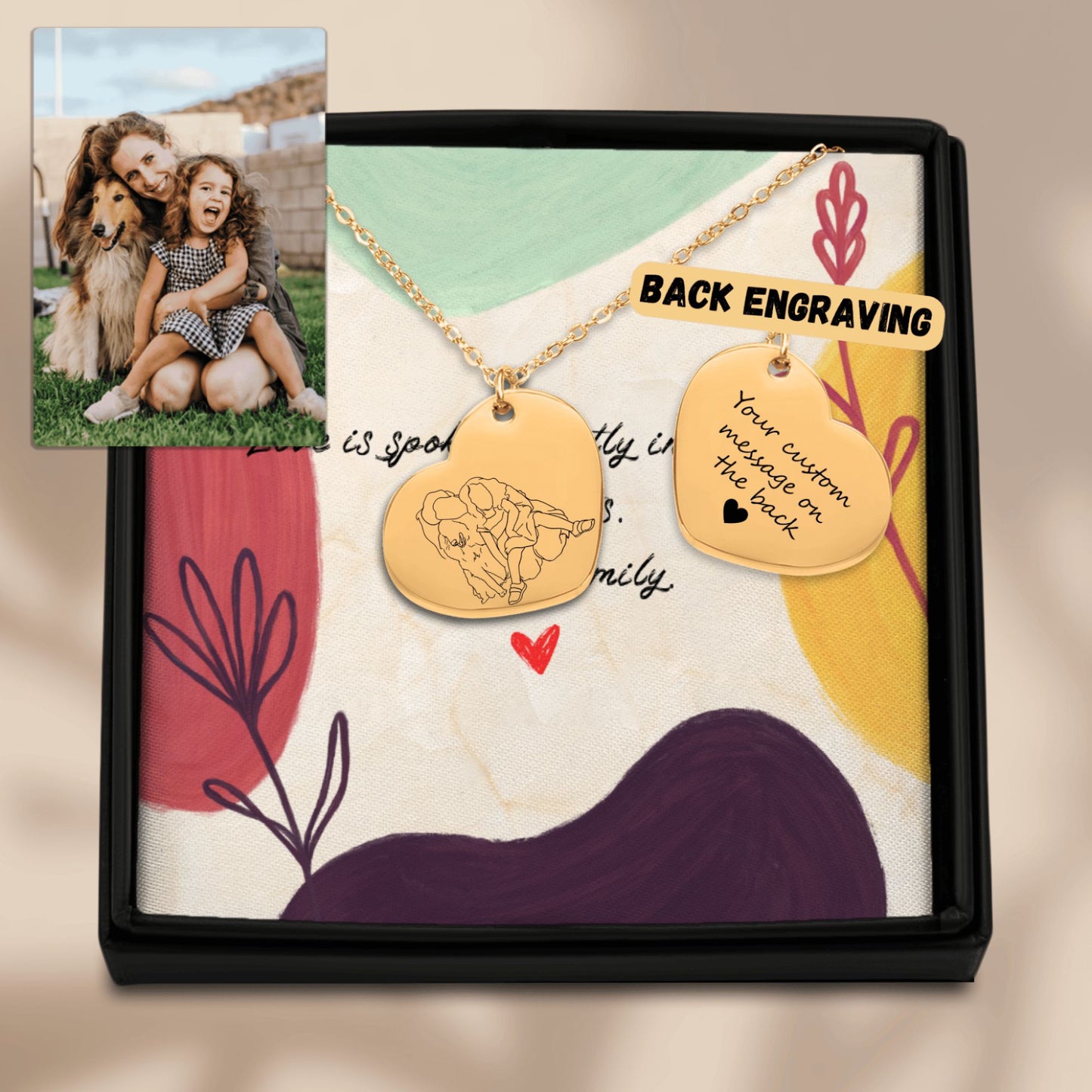 Line Art Portrait Heart Necklace  +