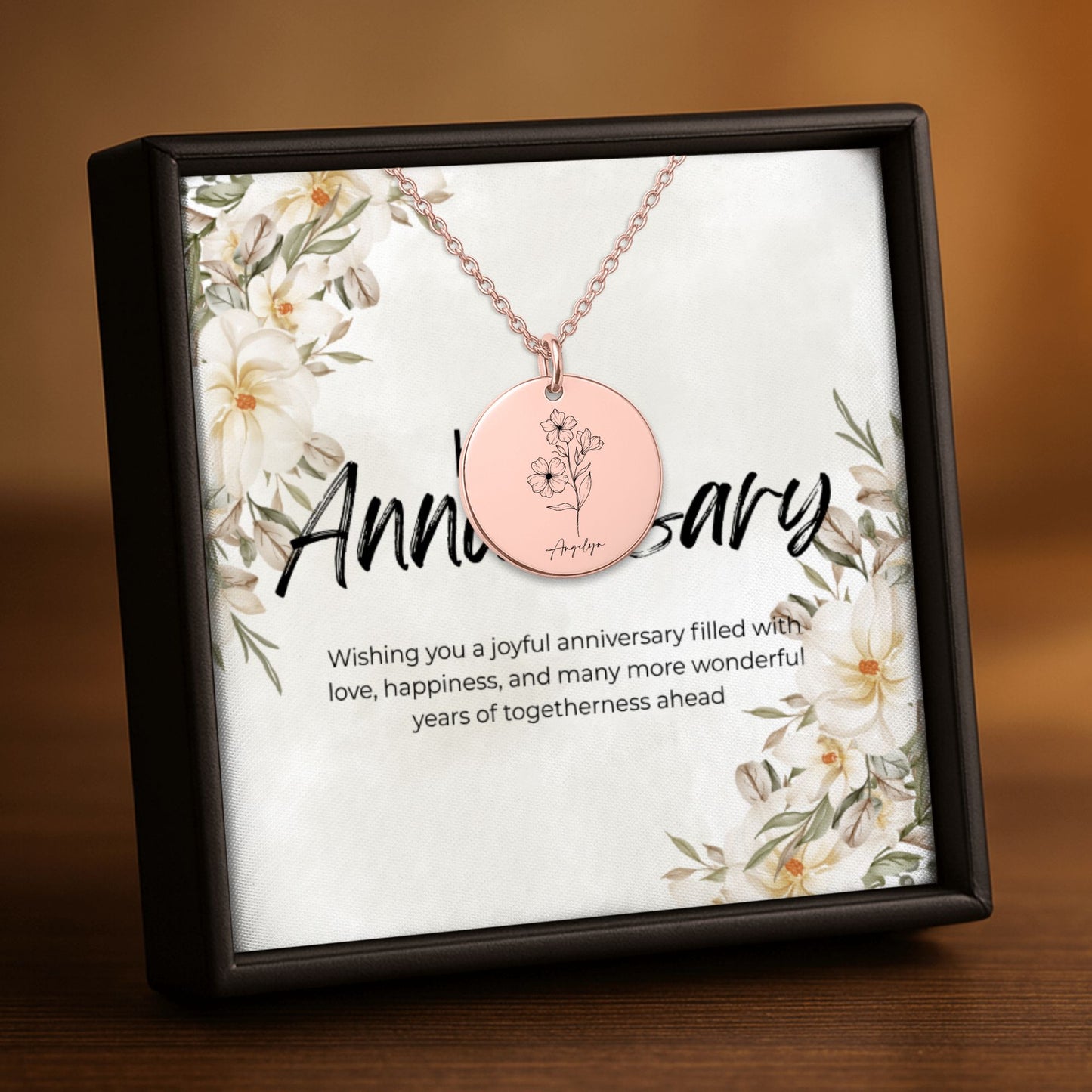 Name & Birth Flower Coin Necklace Gift with Custom Message Card