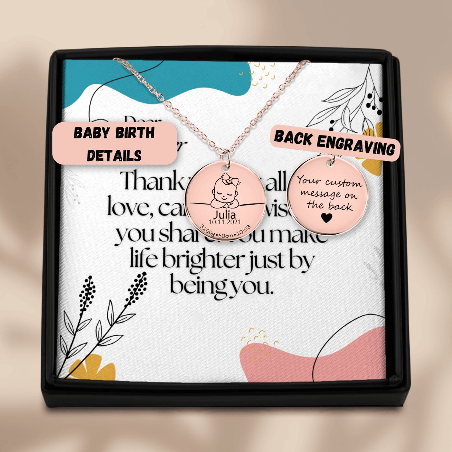 Baby Birth Details Necklace Gift with Custom Message Card