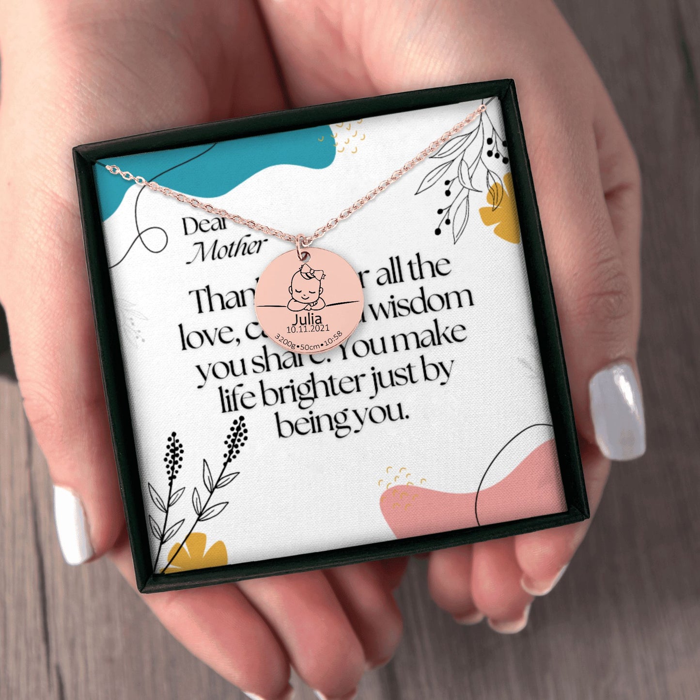 Baby Birth Details Necklace Gift with Custom Message Card
