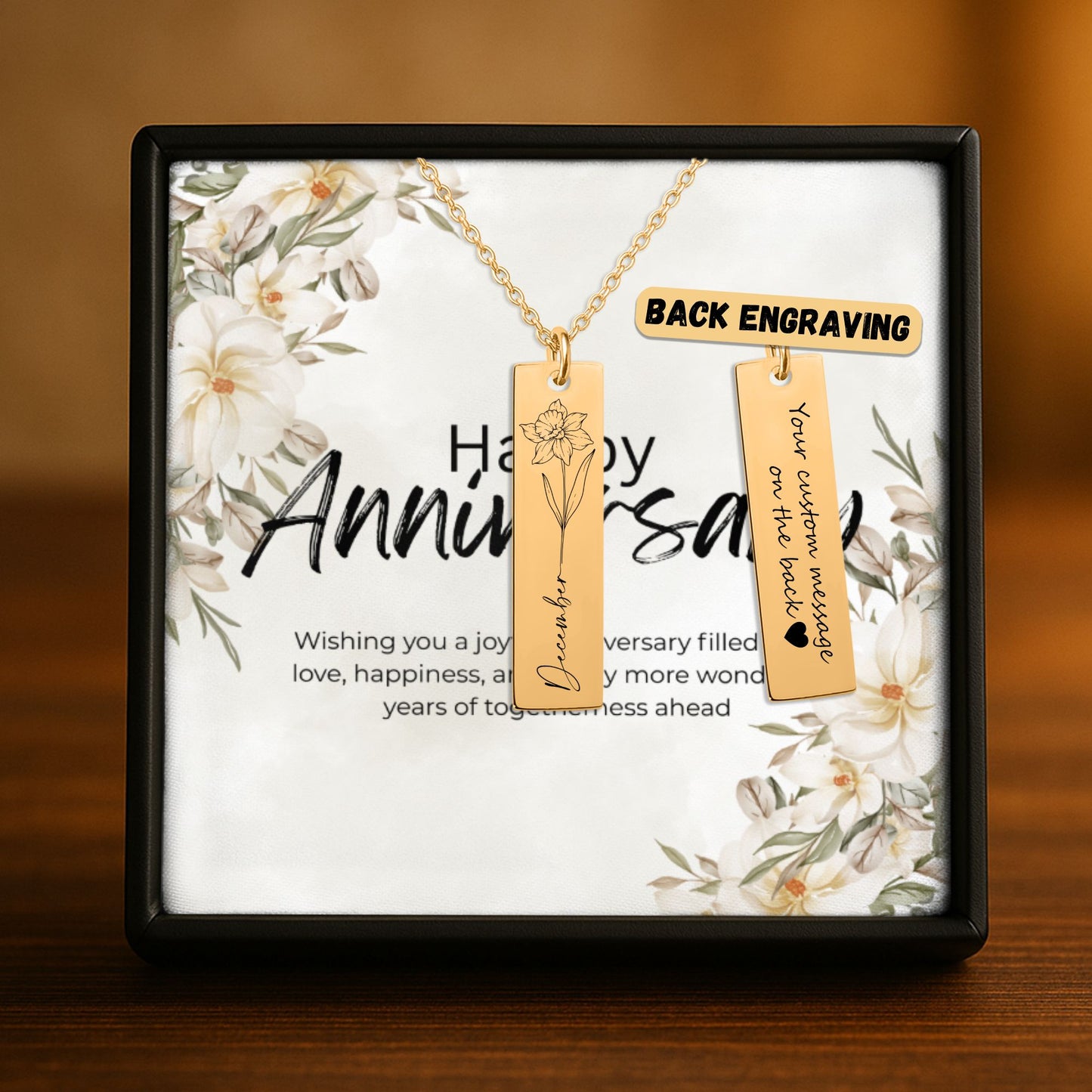Month Flower Vertical Bar Necklace Gift with Custom Message Card  +