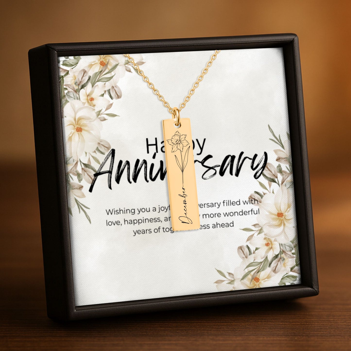 Month Flower Vertical Bar Necklace Gift with Custom Message Card  +